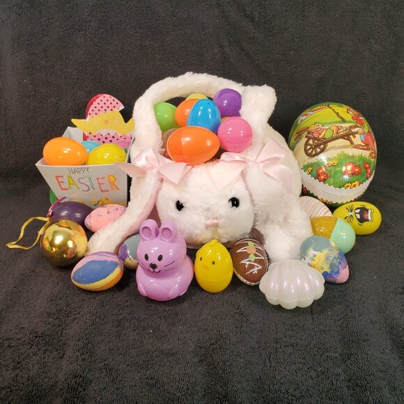 Plush Easter Bunny Basket White with Pink Bows. Plus many Plastic Eggs. - Picture 1 of 12